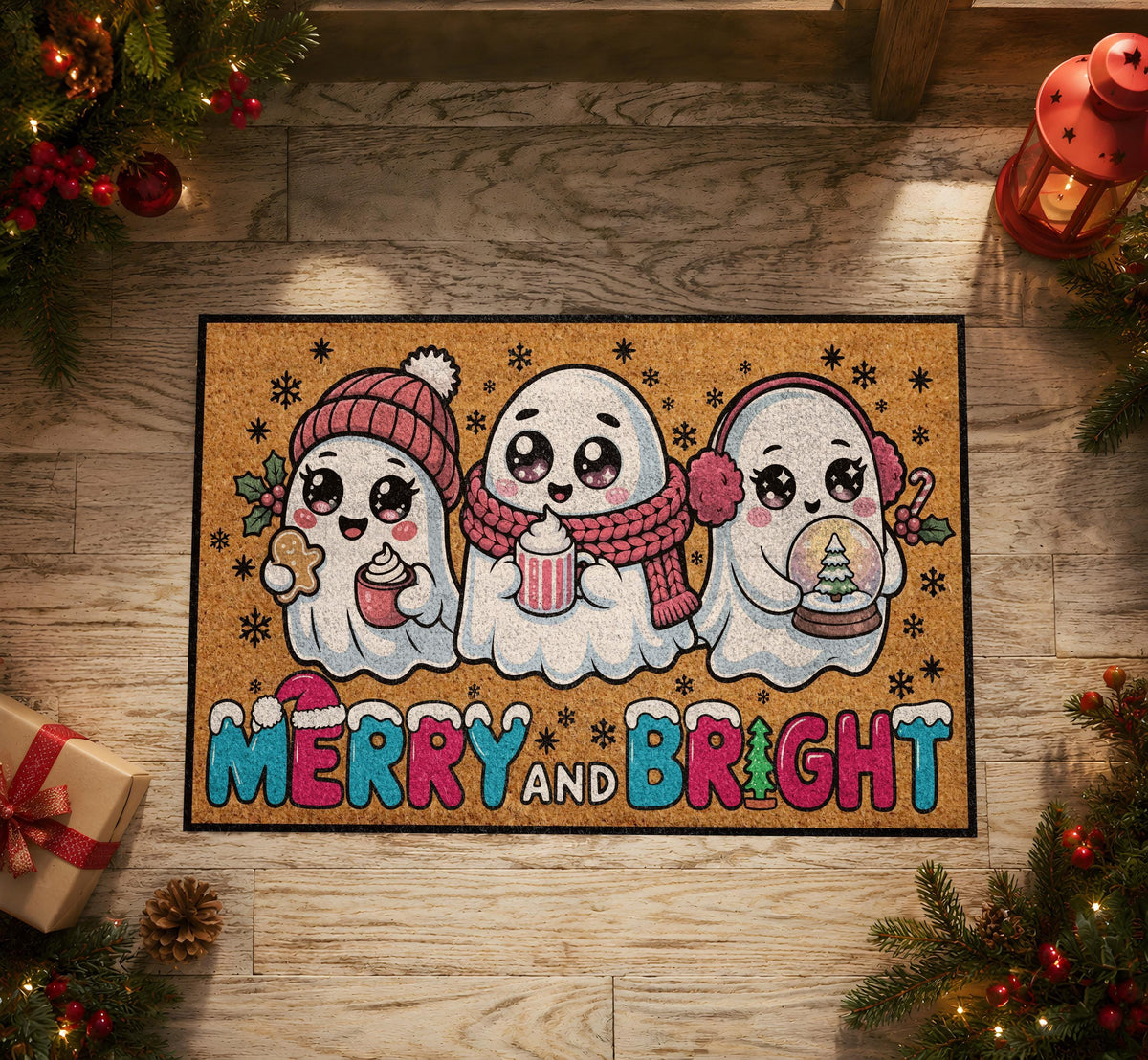 Winter Ghosts Christmas Doormat, Merry and Bright Holiday Welcome Mat