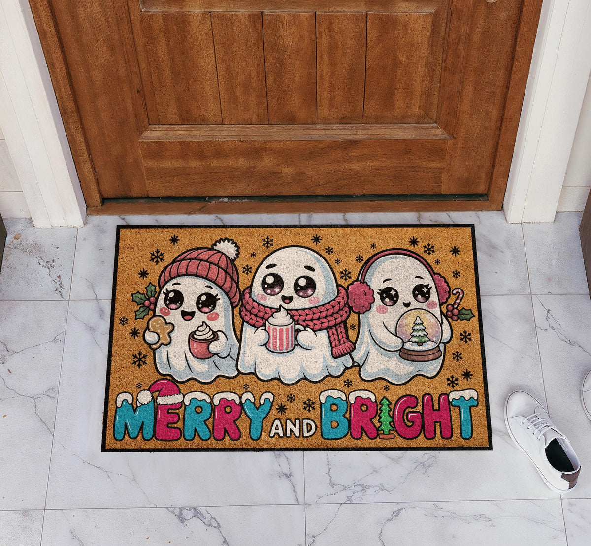 Winter Ghosts Christmas Doormat, Merry and Bright Holiday Welcome Mat
