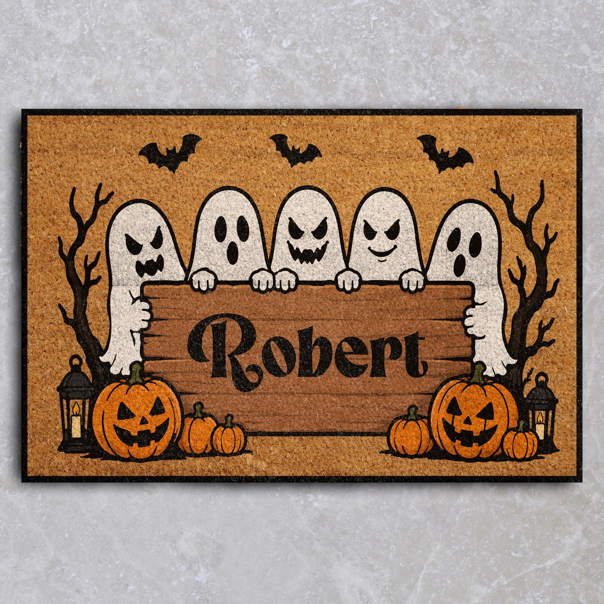 Custom Name Scary Ghosts Doormat, Personalized Trick or Treat Welcome Mat