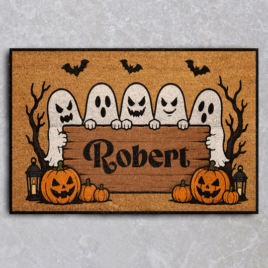 Custom Name Scary Ghosts Doormat, Personalized Trick or Treat Welcome Mat