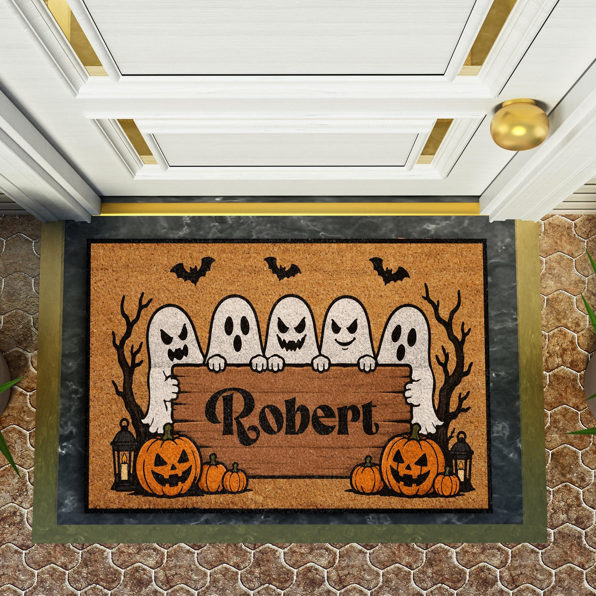 Custom Name Scary Ghosts Doormat, Personalized Trick or Treat Welcome Mat