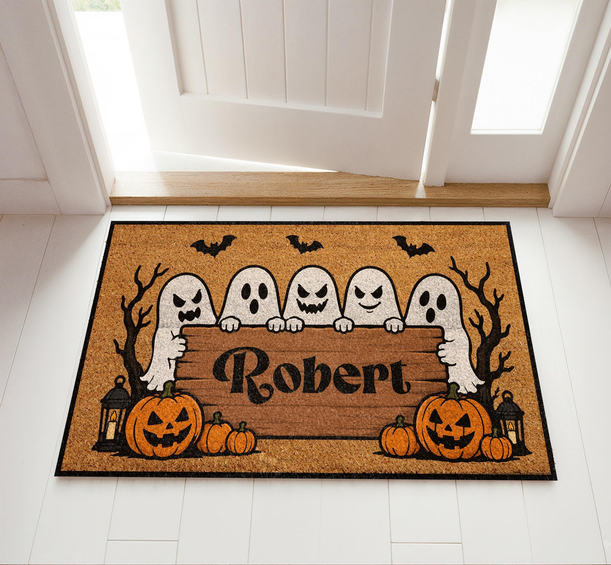 Custom Name Scary Ghosts Doormat, Personalized Trick or Treat Welcome Mat