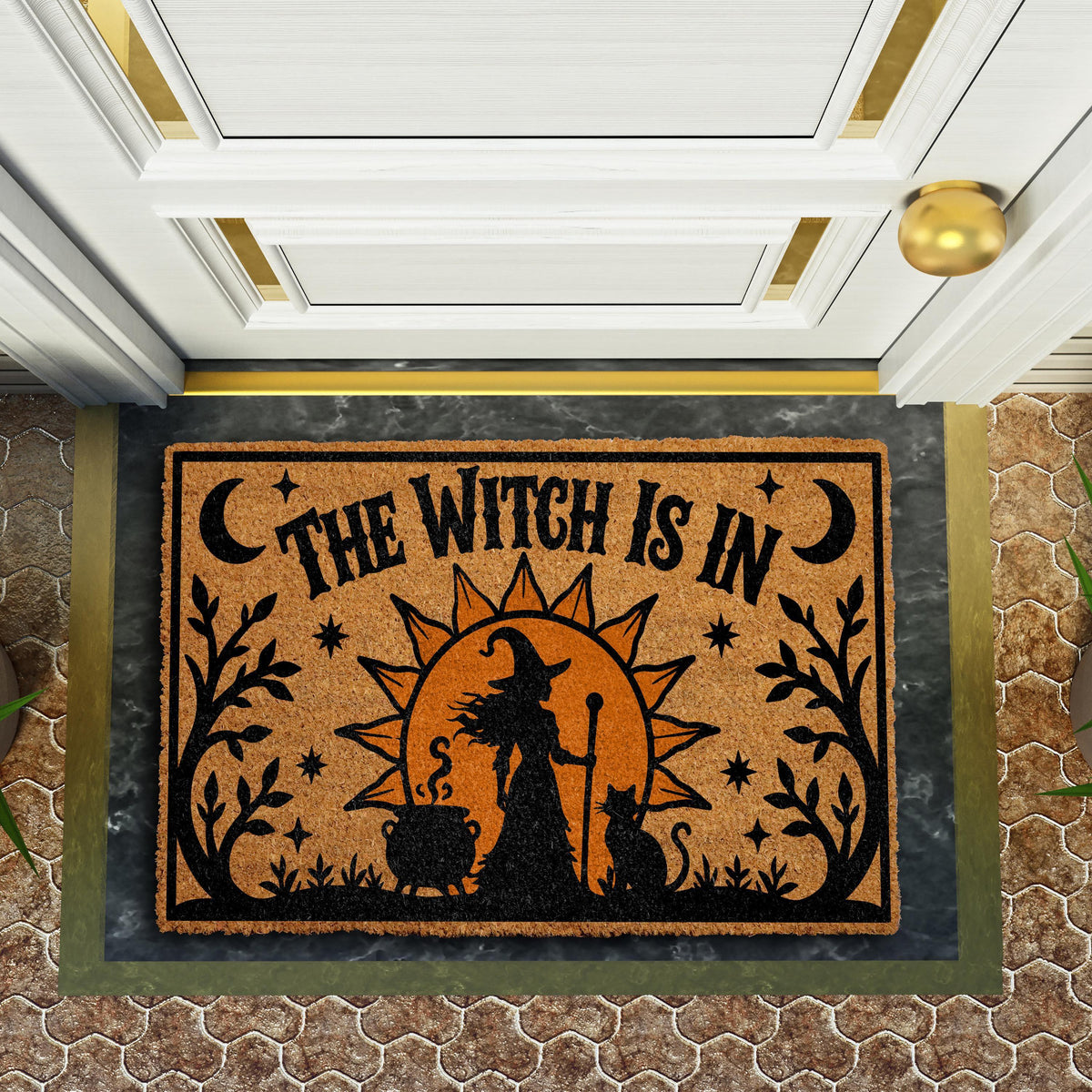 The Witch Is In Welcome mat, Girl Apartment Halloween Doormat
