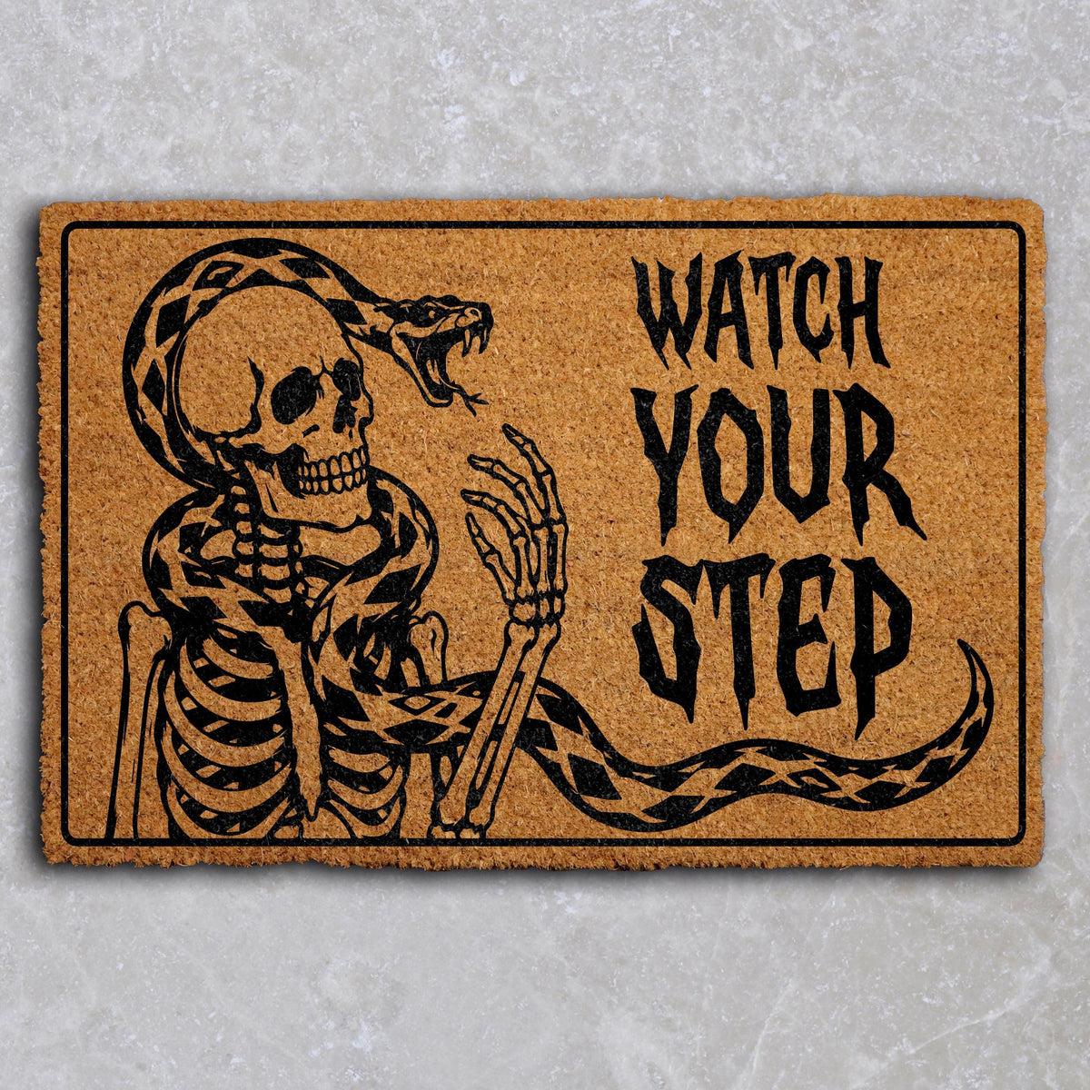 Spooky Watch Your Step Welcome Mat, Skeleton and Snake Halloween Doormat