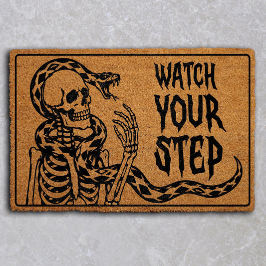 Spooky Watch Your Step Welcome Mat, Skeleton and Snake Halloween Doormat