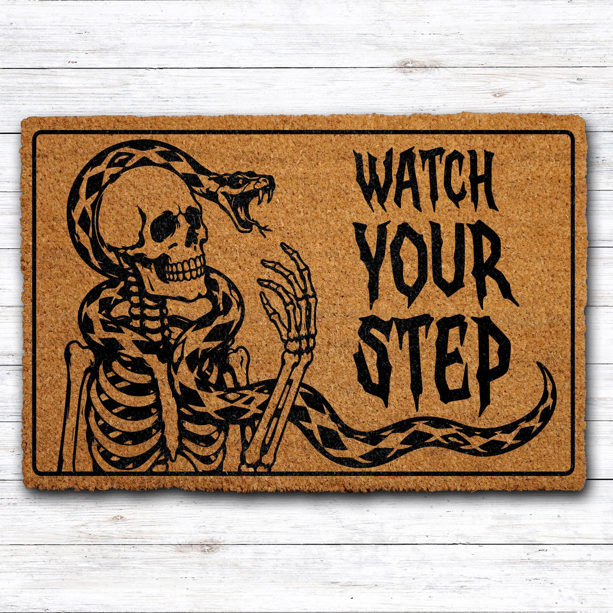 Spooky Watch Your Step Welcome Mat, Skeleton and Snake Halloween Doormat