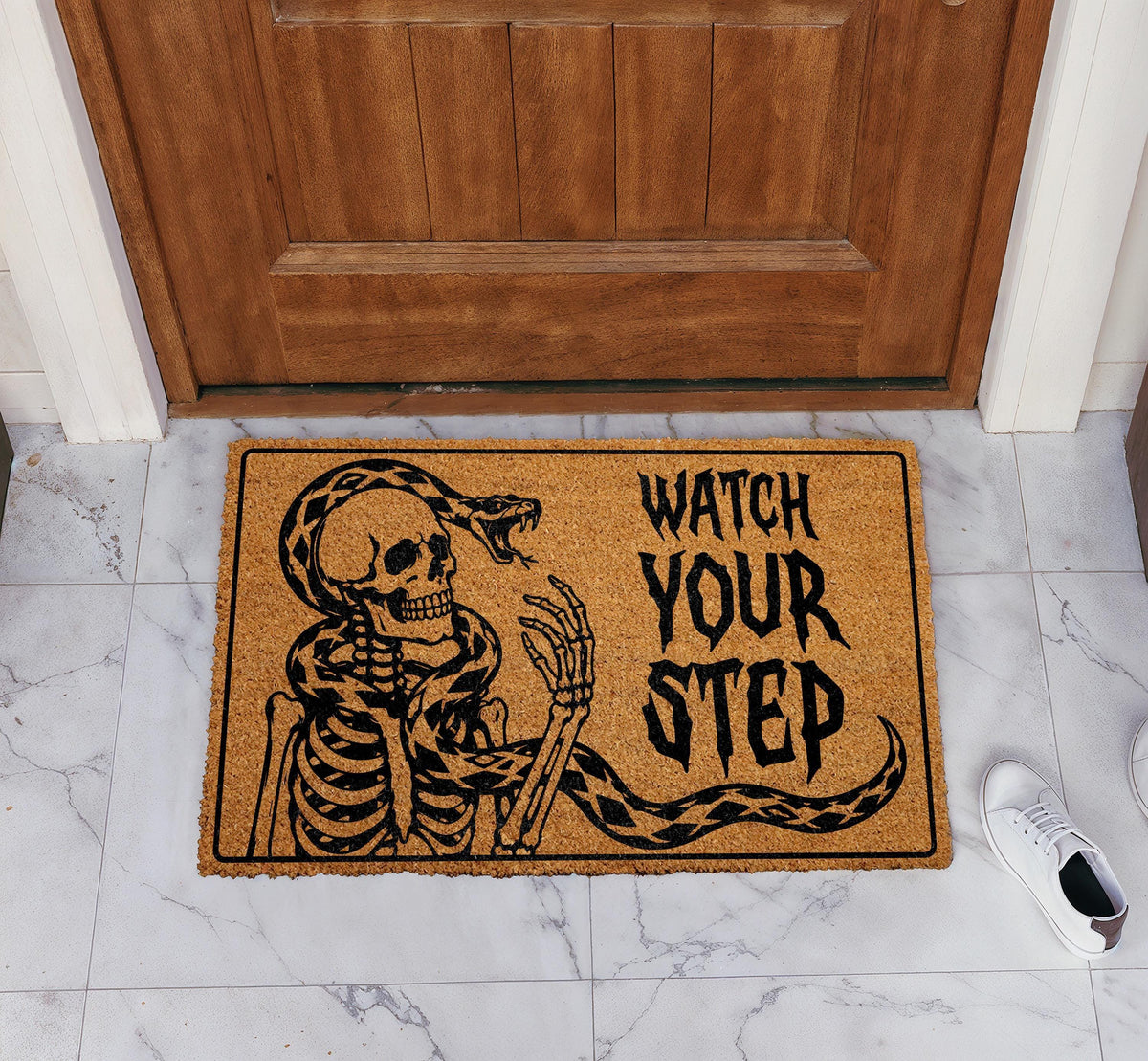 Spooky Watch Your Step Welcome Mat, Skeleton and Snake Halloween Doormat