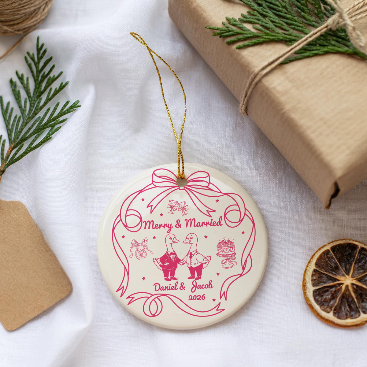 Personalized Ceramic Christmas Ornament: Merry & Married Duck Couple (2.75-inch)