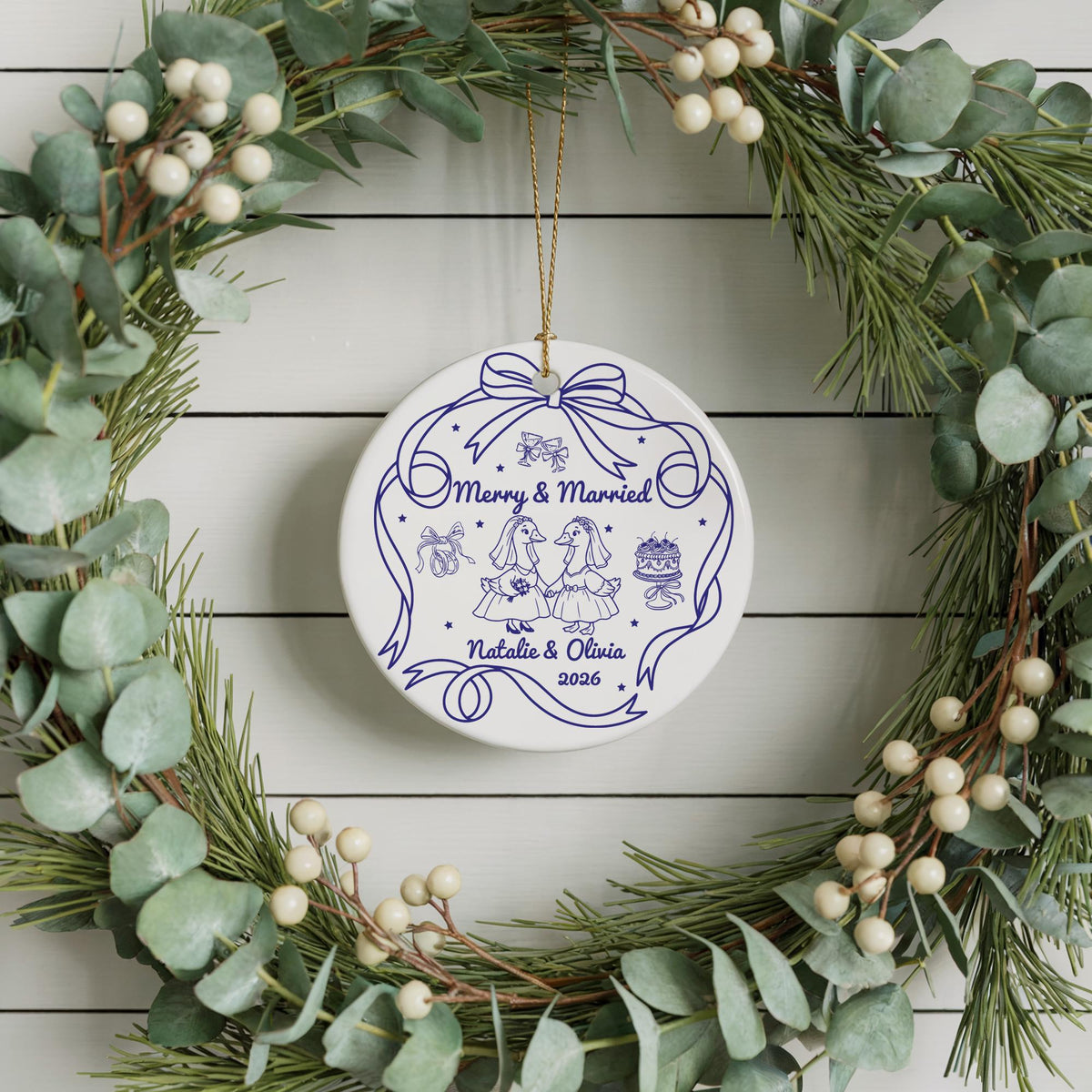 Personalized Ceramic Christmas Ornament: Merry & Married Duck Couple (2.75-inch)