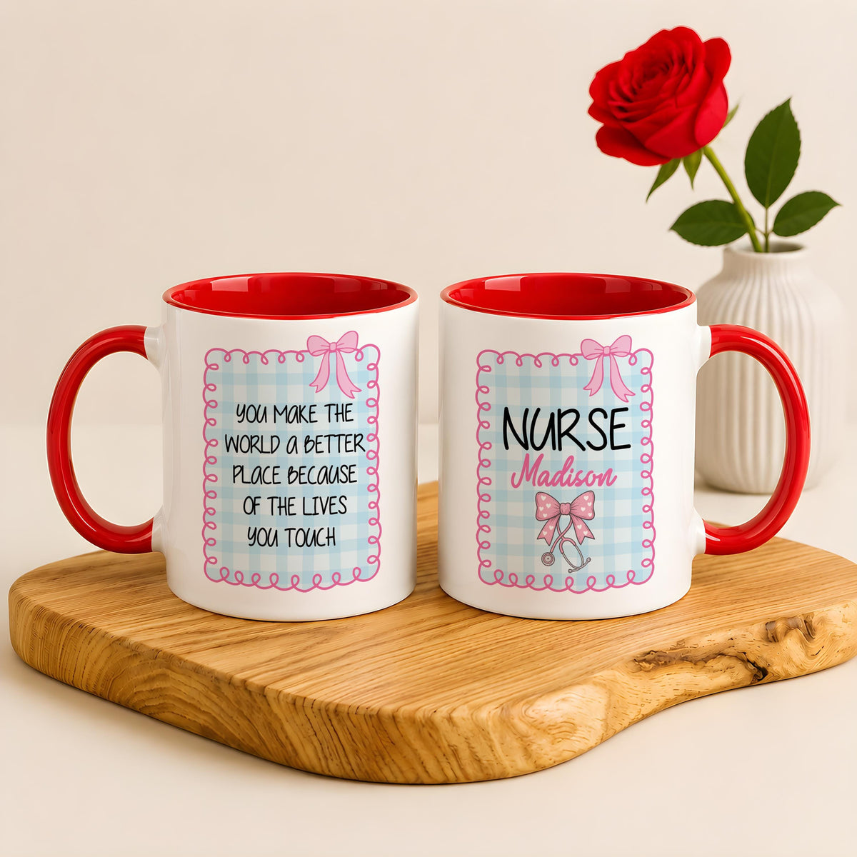 Custom Nurse Name Coffee Mug, Personalized Coquette Bow Stethoscope Ceramic Cup