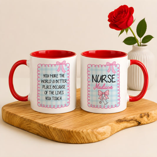 Custom Nurse Name Coffee Mug, Personalized Coquette Bow Stethoscope Ceramic Cup