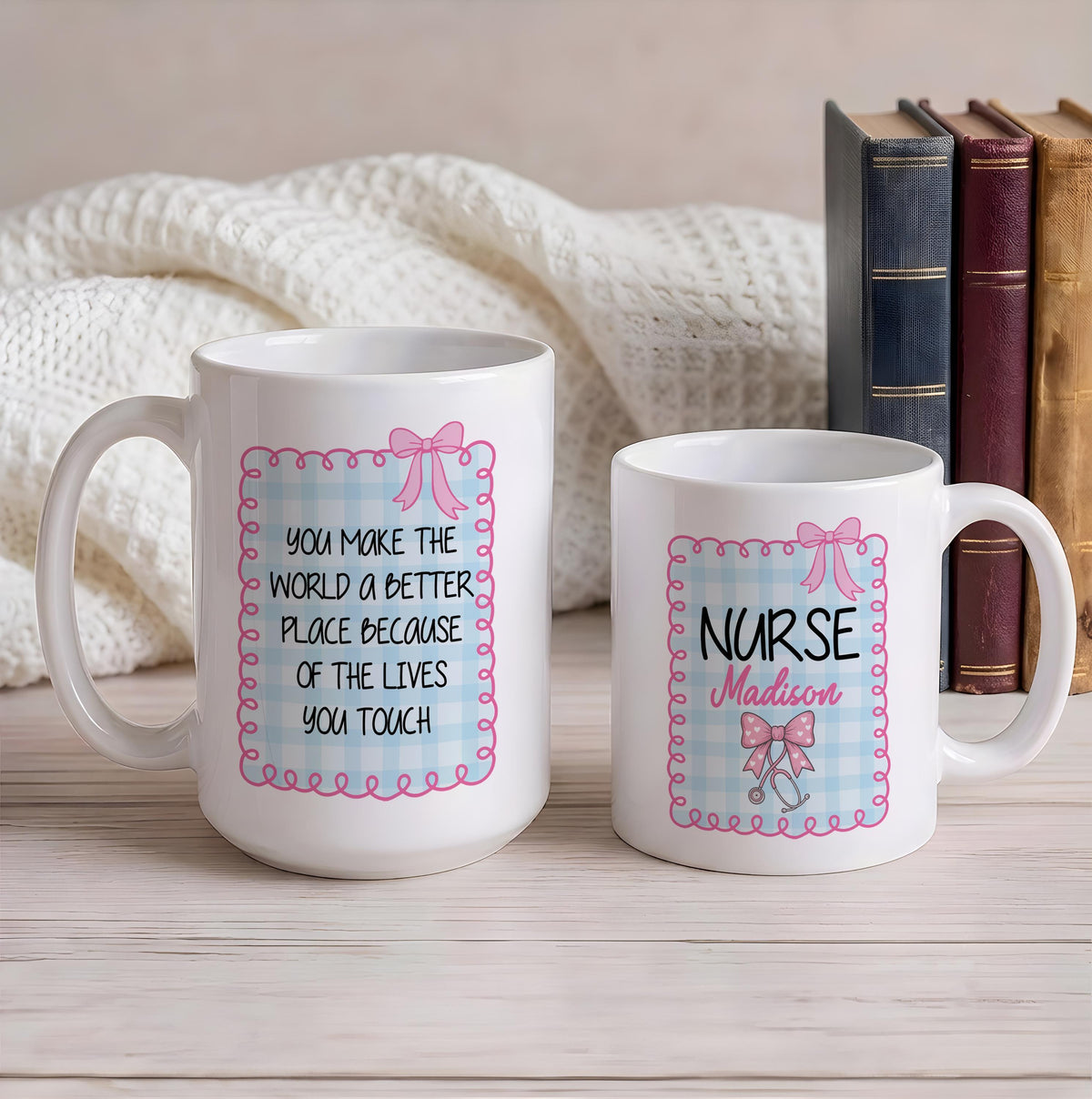 Custom Nurse Name Coffee Mug, Personalized Coquette Bow Stethoscope Ceramic Cup