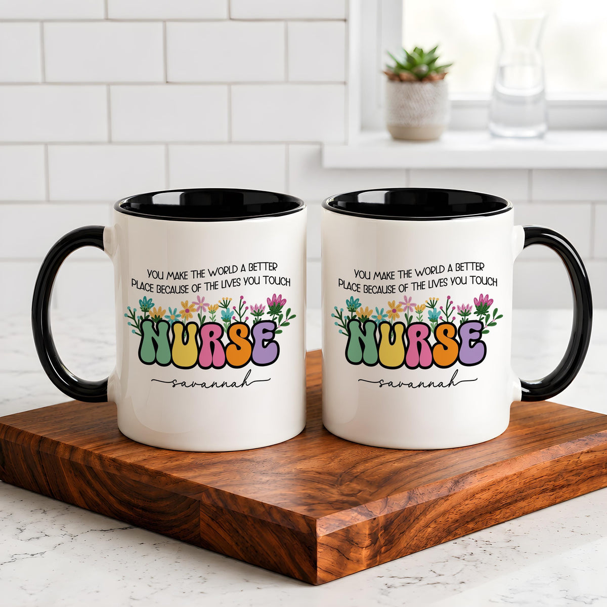 Custom Name Floral Groovy Nurse Ceramic Cup, You Make The World A Better Place Coffee Mug