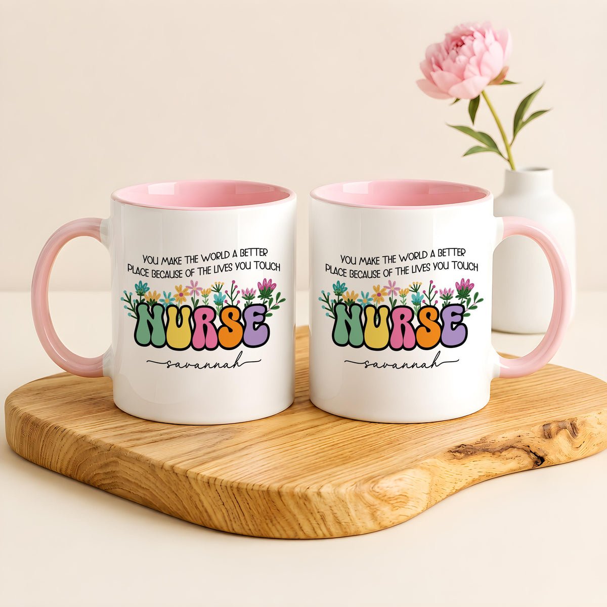 Custom Name Floral Groovy Nurse Ceramic Cup, You Make The World A Better Place Coffee Mug