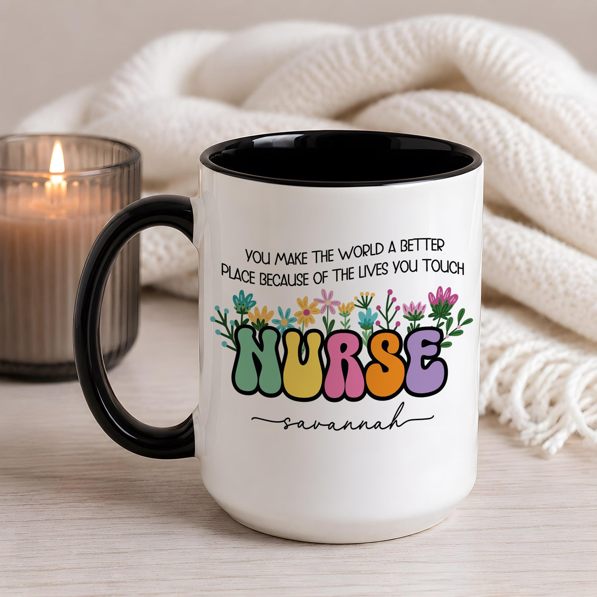 Custom Name Floral Groovy Nurse Ceramic Cup, You Make The World A Better Place Coffee Mug