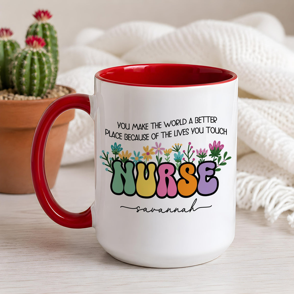 Custom Name Floral Groovy Nurse Ceramic Cup, You Make The World A Better Place Coffee Mug