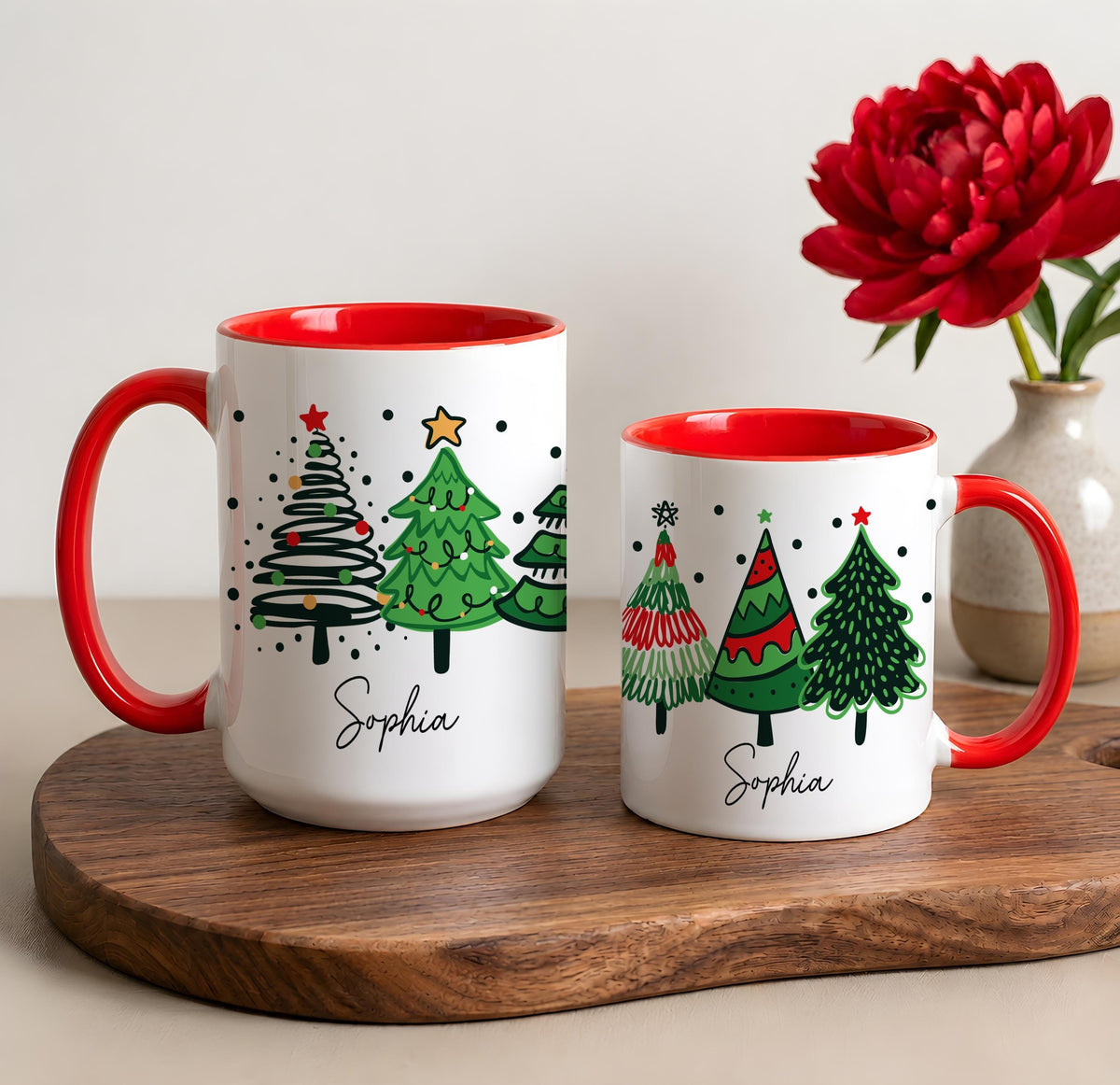 Personalized Christmas Tree Design Coffee Mug, Custom Name Festive Holiday Ceramic Cup