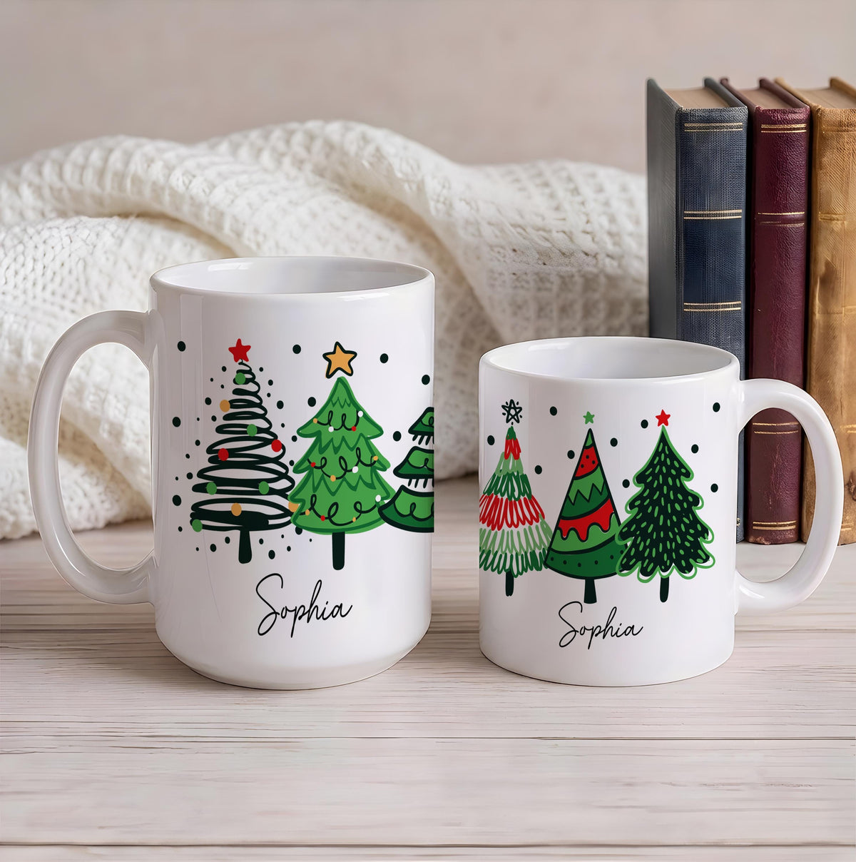 Personalized Christmas Tree Design Coffee Mug, Custom Name Festive Holiday Ceramic Cup
