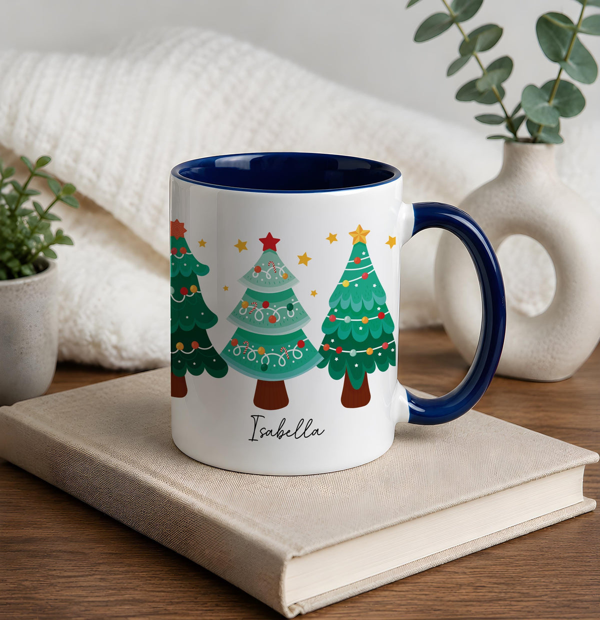 Personalized Christmas Tree Design Coffee Mug, Custom Name Festive Holiday Ceramic Cup
