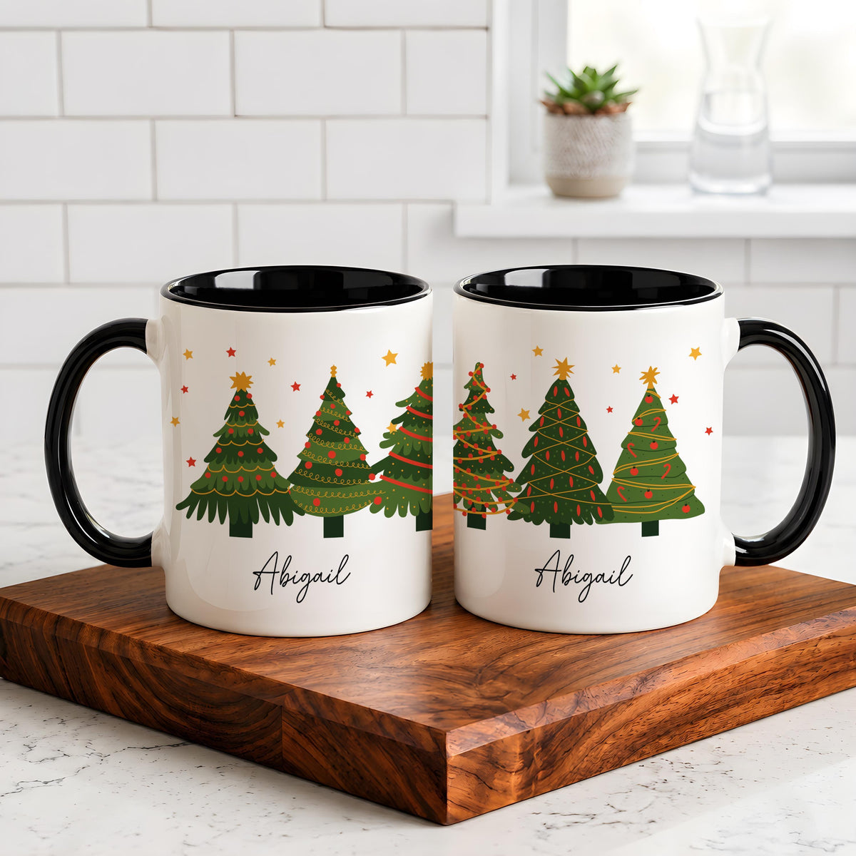 Personalized Christmas Tree Design Coffee Mug, Custom Name Festive Holiday Ceramic Cup