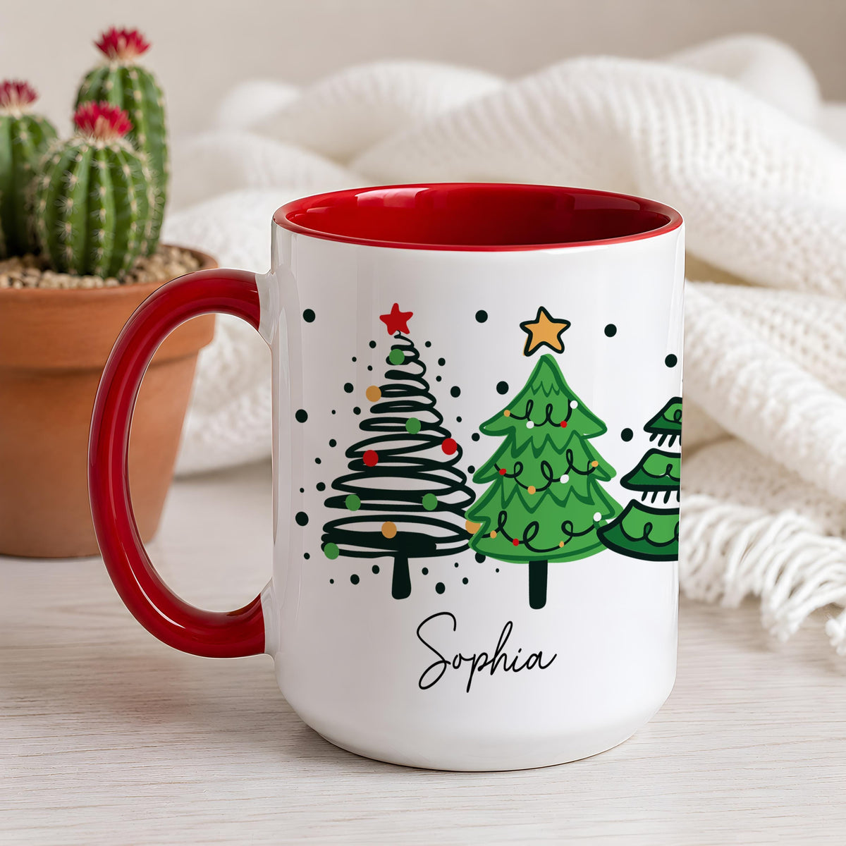 Personalized Christmas Tree Design Coffee Mug, Custom Name Festive Holiday Ceramic Cup
