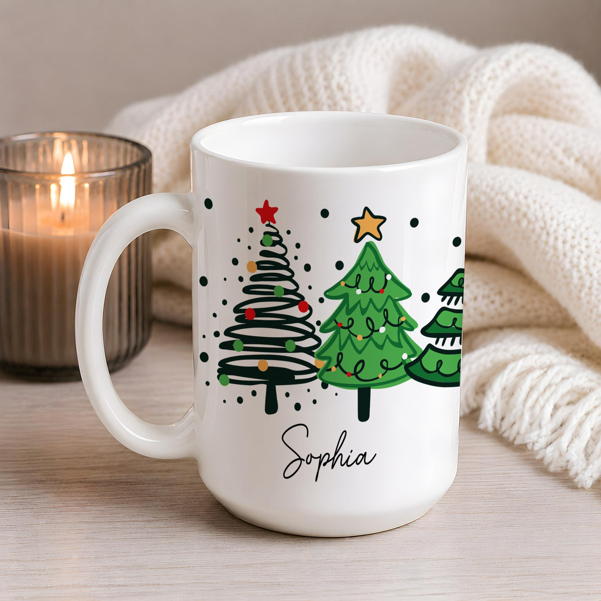 Personalized Christmas Tree Design Coffee Mug, Custom Name Festive Holiday Ceramic Cup
