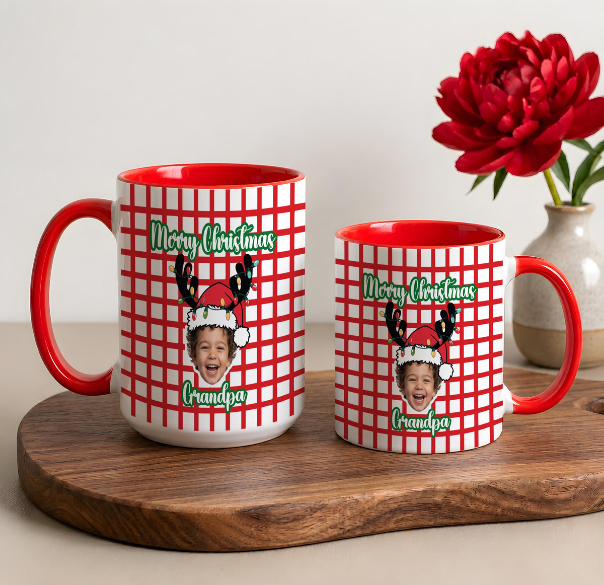 Personalized Photo Plaid Merry Christmas Coffee Mug, Custom Kids Picture Xmas Hot Cocoa Cup
