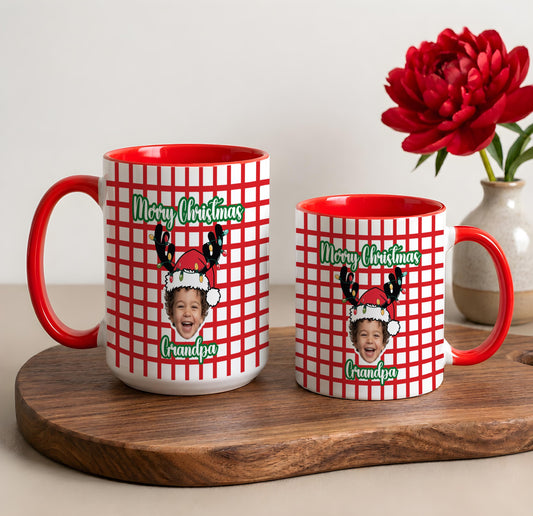 Personalized Photo Plaid Merry Christmas Coffee Mug, Custom Kids Picture Xmas Hot Cocoa Cup