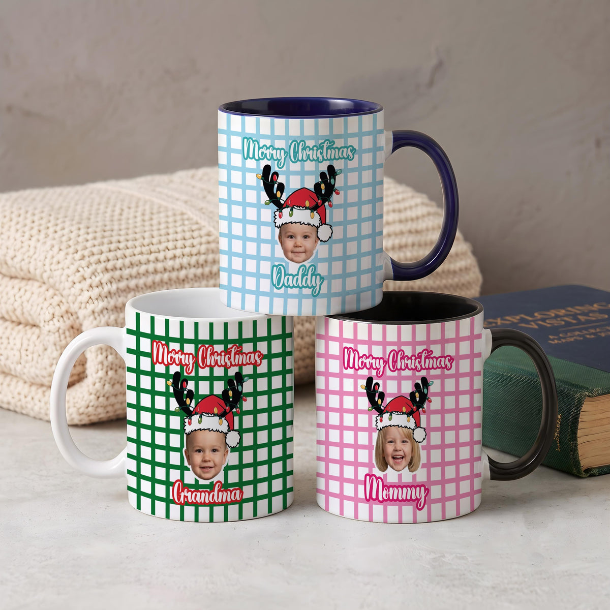 Personalized Photo Plaid Merry Christmas Coffee Mug, Custom Kids Picture Xmas Hot Cocoa Cup