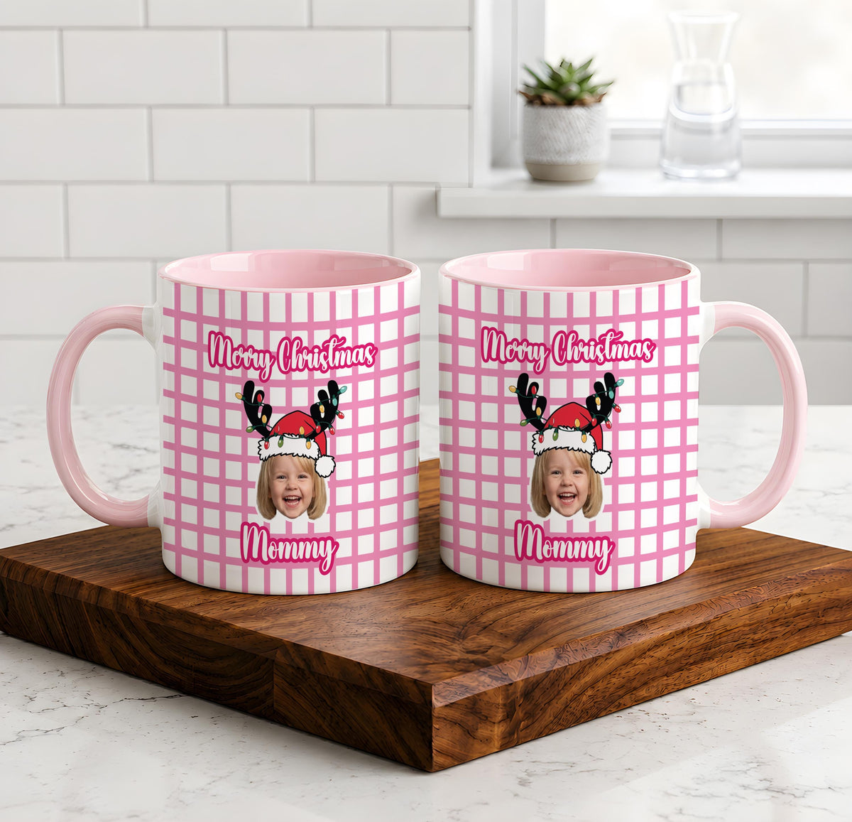Personalized Photo Plaid Merry Christmas Coffee Mug, Custom Kids Picture Xmas Hot Cocoa Cup