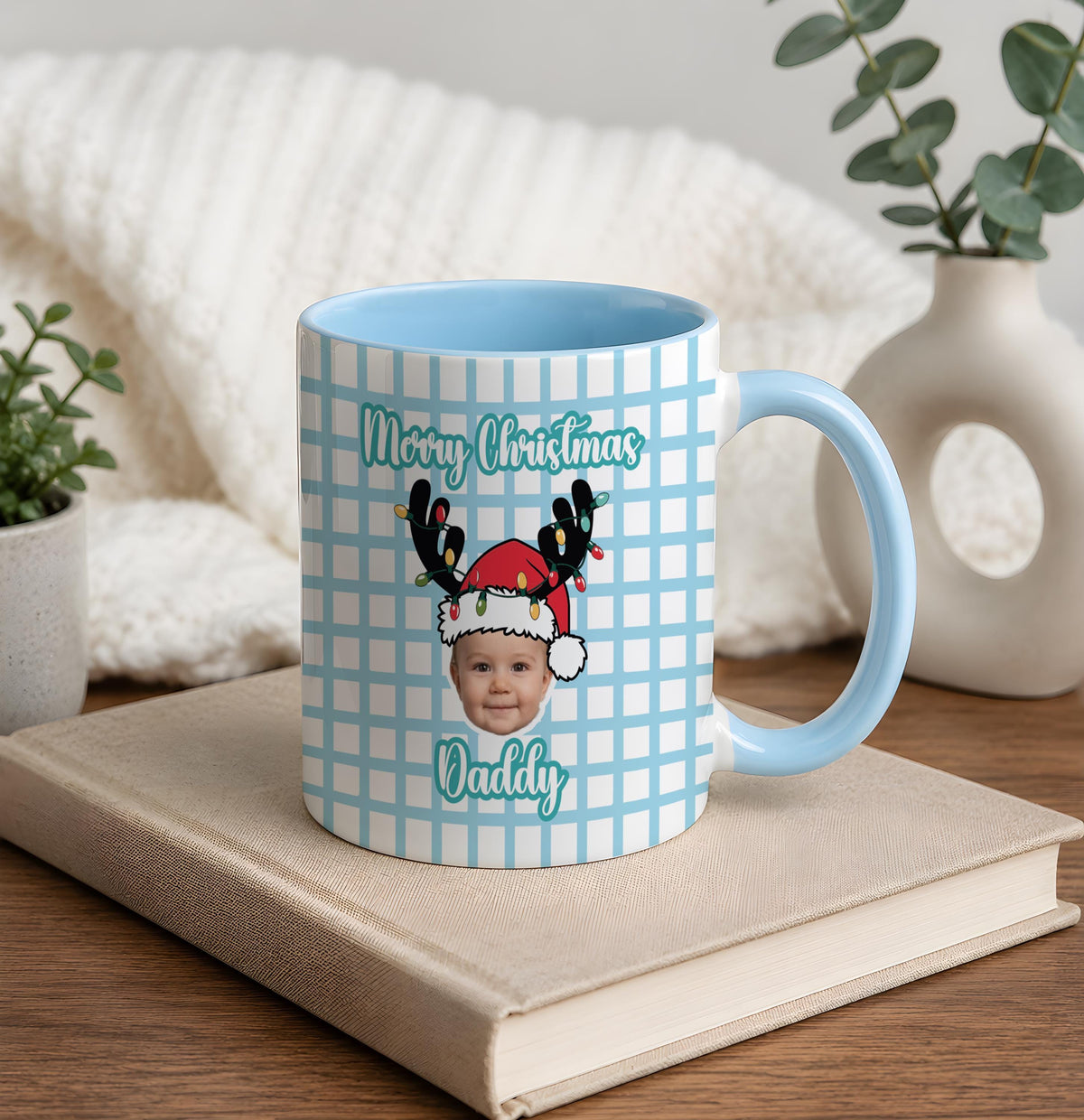 Personalized Photo Plaid Merry Christmas Coffee Mug, Custom Kids Picture Xmas Hot Cocoa Cup
