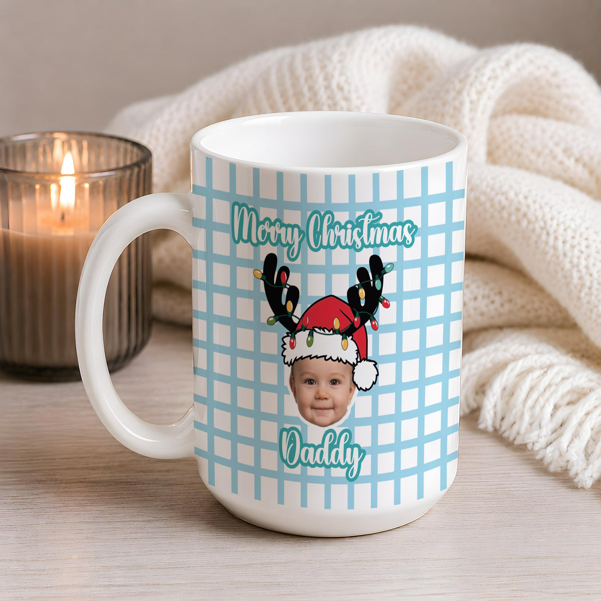 Personalized Photo Plaid Merry Christmas Coffee Mug, Custom Kids Picture Xmas Hot Cocoa Cup