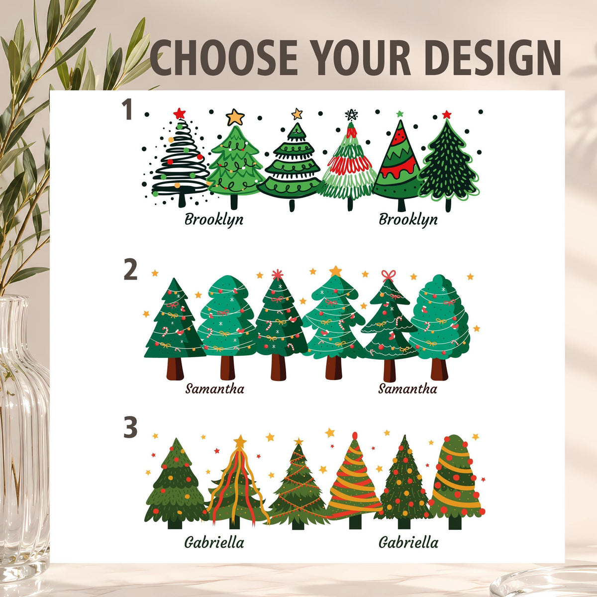 Custom Name Christmas Trees Ceramic Mug, Personalized Holiday Drinkware (11oz/15oz)