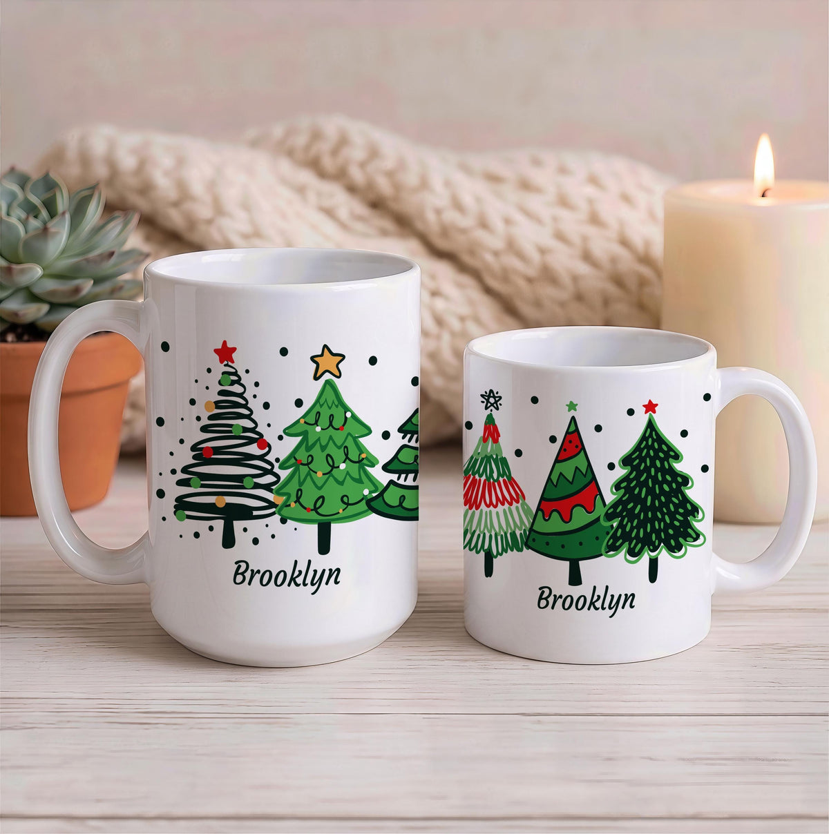 Custom Name Christmas Trees Ceramic Mug, Personalized Holiday Drinkware (11oz/15oz)