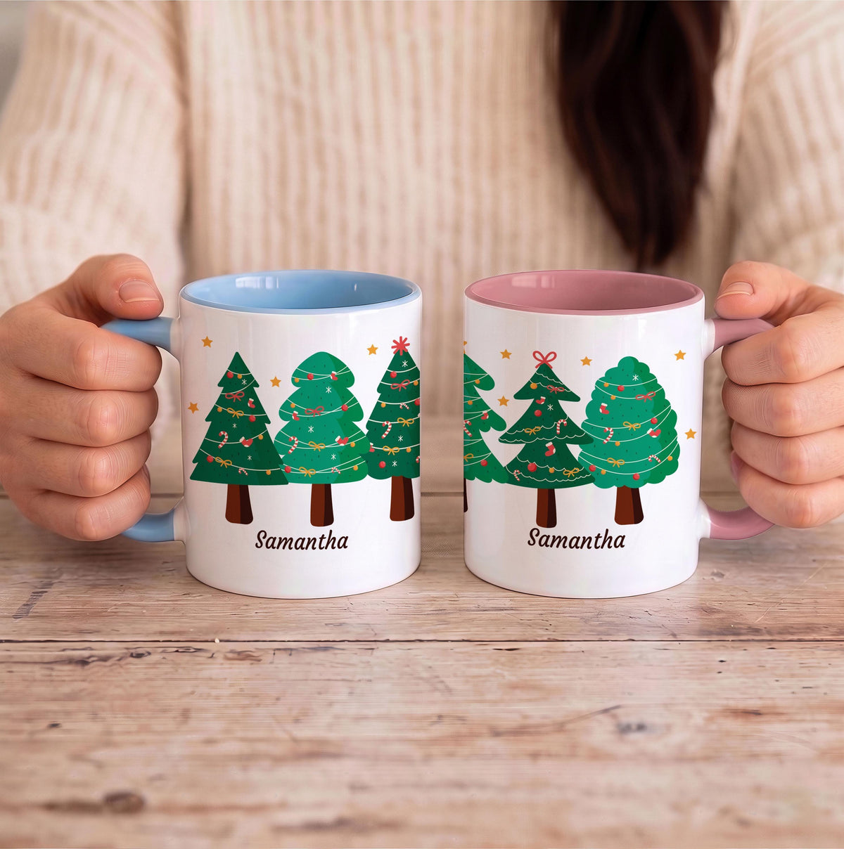 Custom Name Christmas Trees Ceramic Mug, Personalized Holiday Drinkware (11oz/15oz)