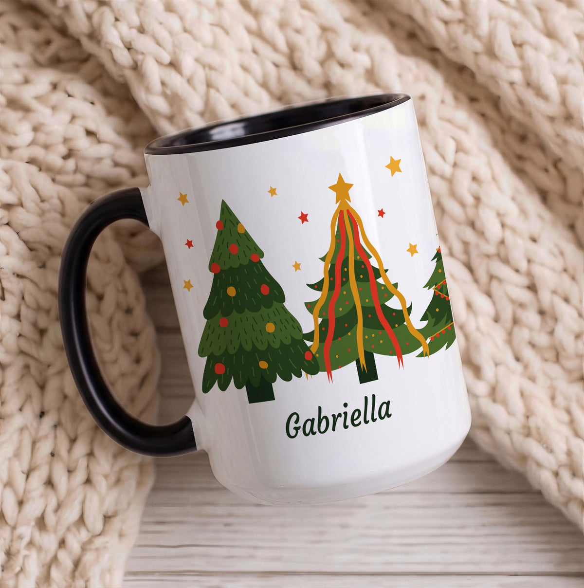 Custom Name Christmas Trees Ceramic Mug, Personalized Holiday Drinkware (11oz/15oz)