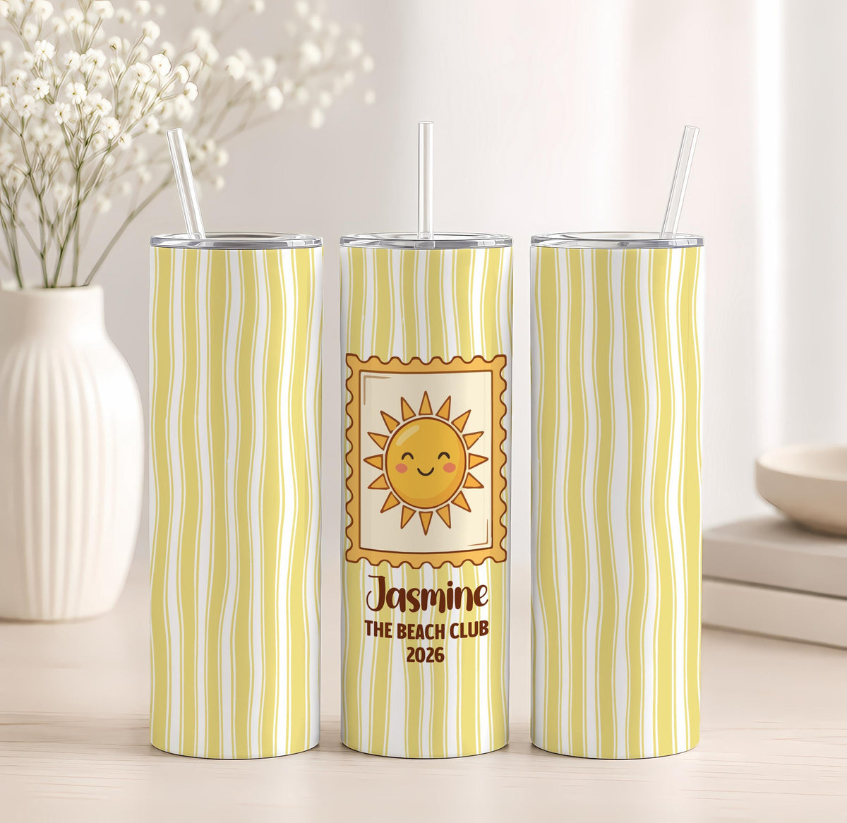 Personalized Striped Tumbler, Custom Summer Stamp, Insulated Travel Cup (20oz)