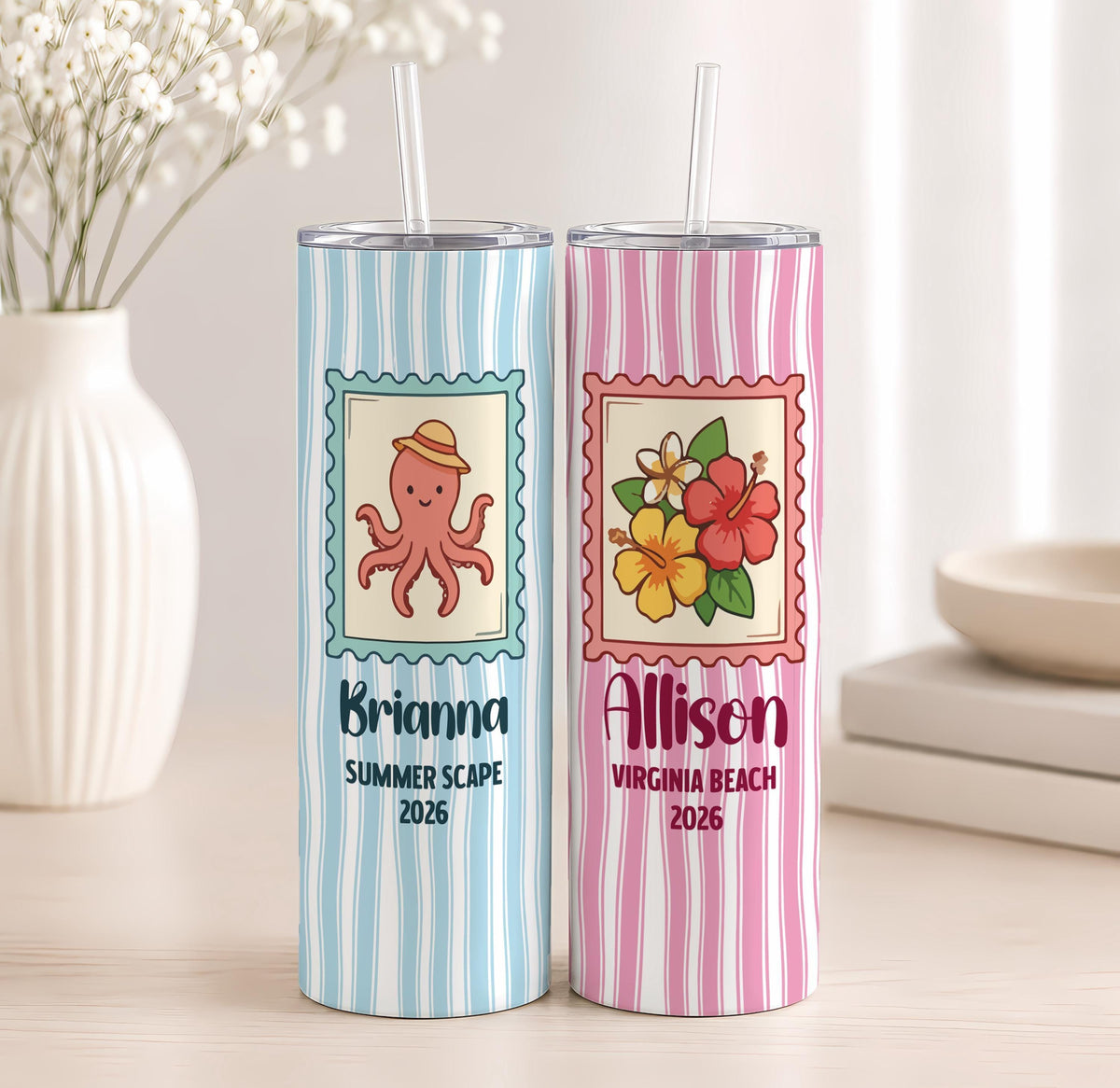 Personalized Striped Tumbler, Custom Summer Stamp, Insulated Travel Cup (20oz)