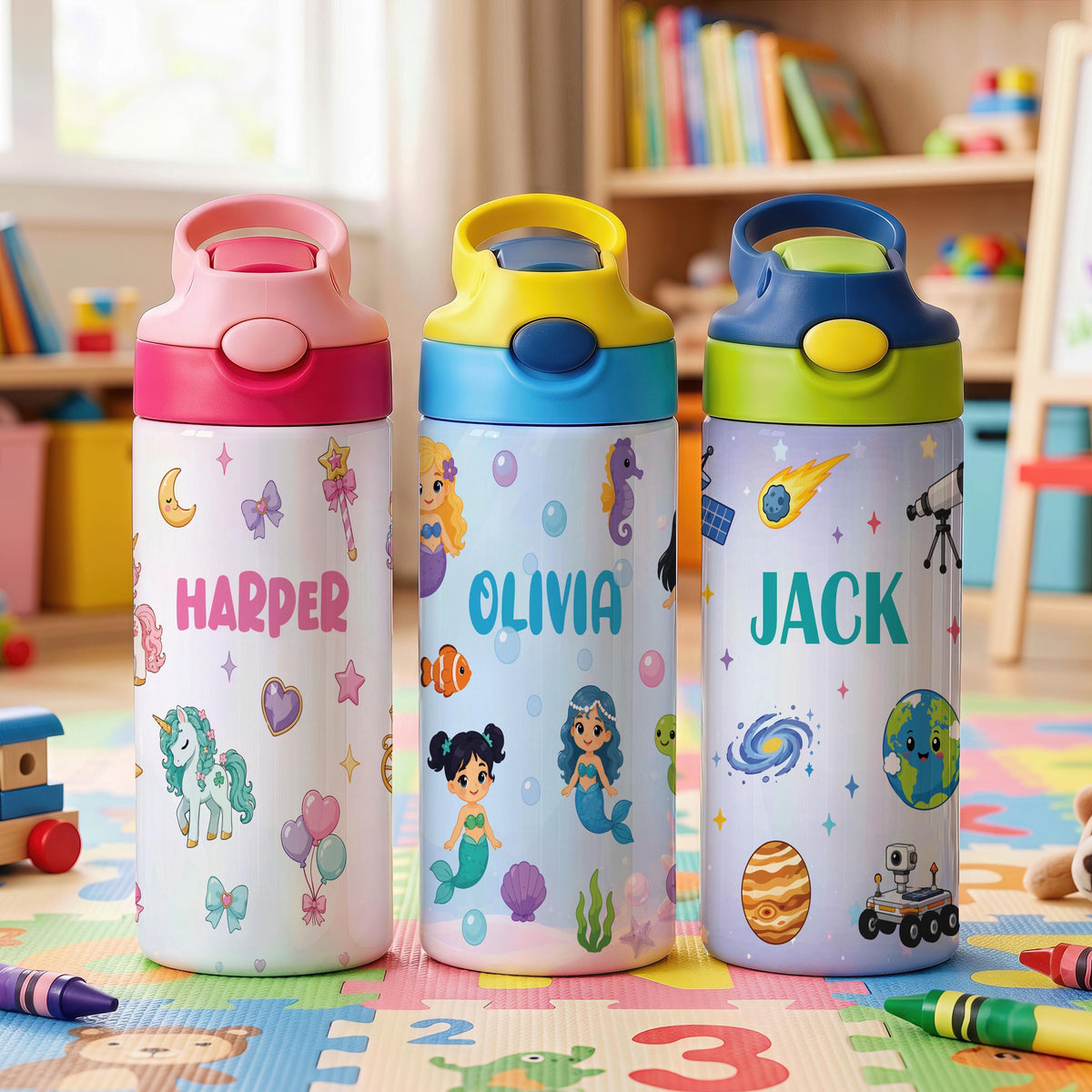 Personalized Kids Stainless Steel Tumbler, Custom Name, Dinosaur Mermaid Space Theme (12oz)
