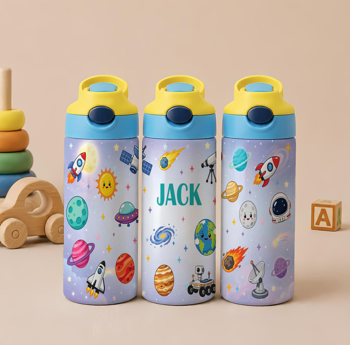 Personalized Kids Stainless Steel Tumbler, Custom Name, Dinosaur Mermaid Space Theme (12oz)