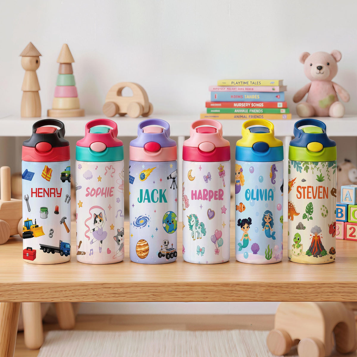 Personalized Kids Stainless Steel Tumbler, Custom Name, Dinosaur Mermaid Space Theme (12oz)