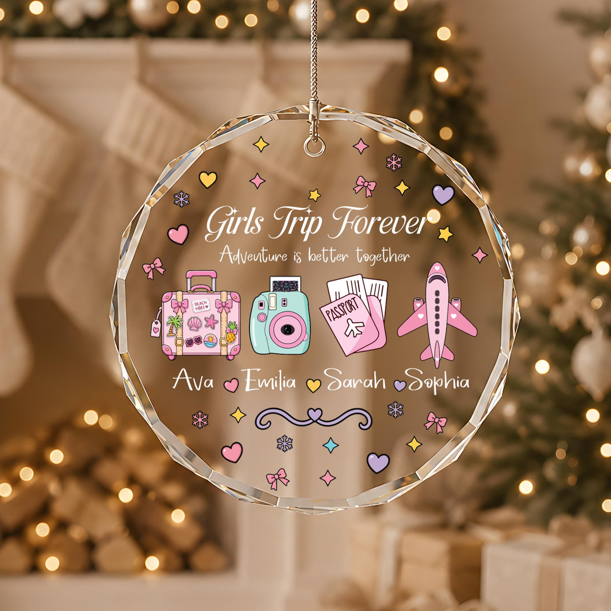Girls Trip Crystal Glass Ornament, Custom Names, Travel Keepsake (Round or Heart)