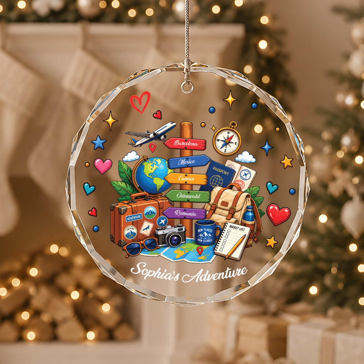 Personalized Travel Ornament, Custom Name World Explorer Glass Keepsake (Round or Heart)