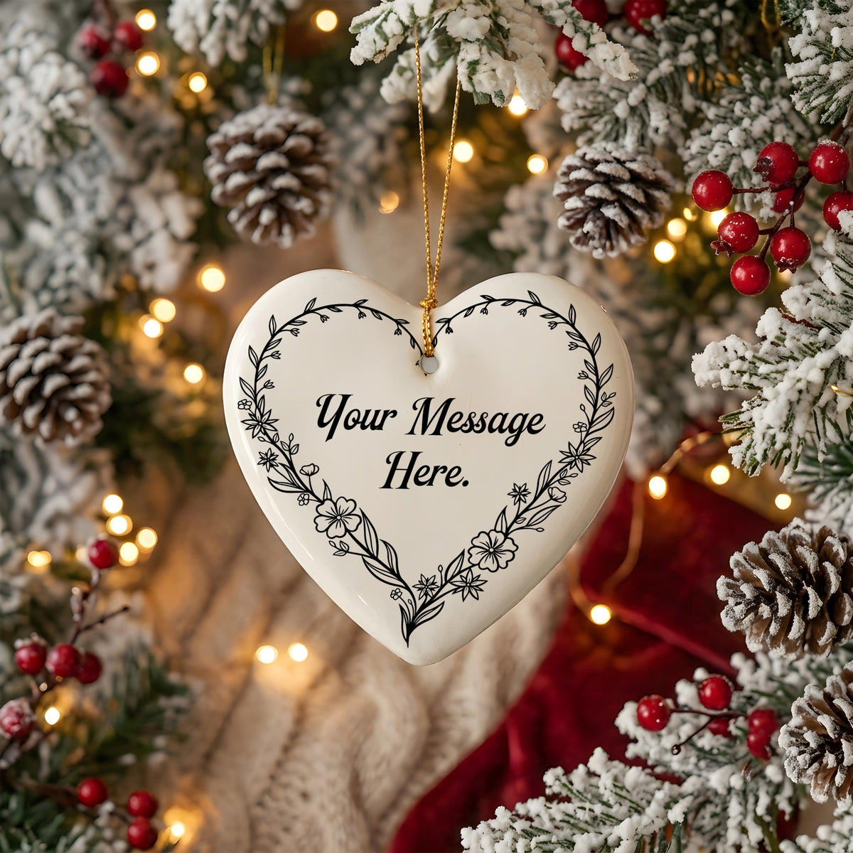 Personalized Ceramic Heart Ornament, Floral Border, Custom Message (2.75-inch)