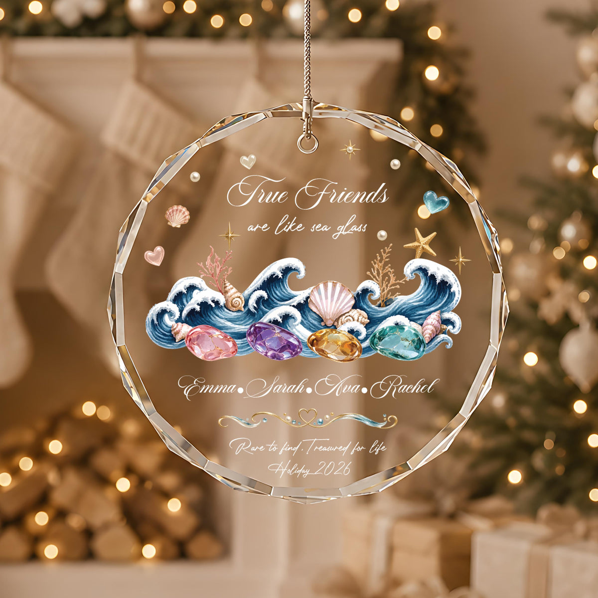 Personalized Crystal Glass Ornament, True Friends Sea Glass Design, Custom Names (Round or Heart)