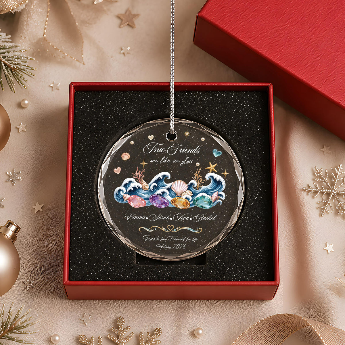 Personalized Crystal Glass Ornament, True Friends Sea Glass Design, Custom Names (Round or Heart)