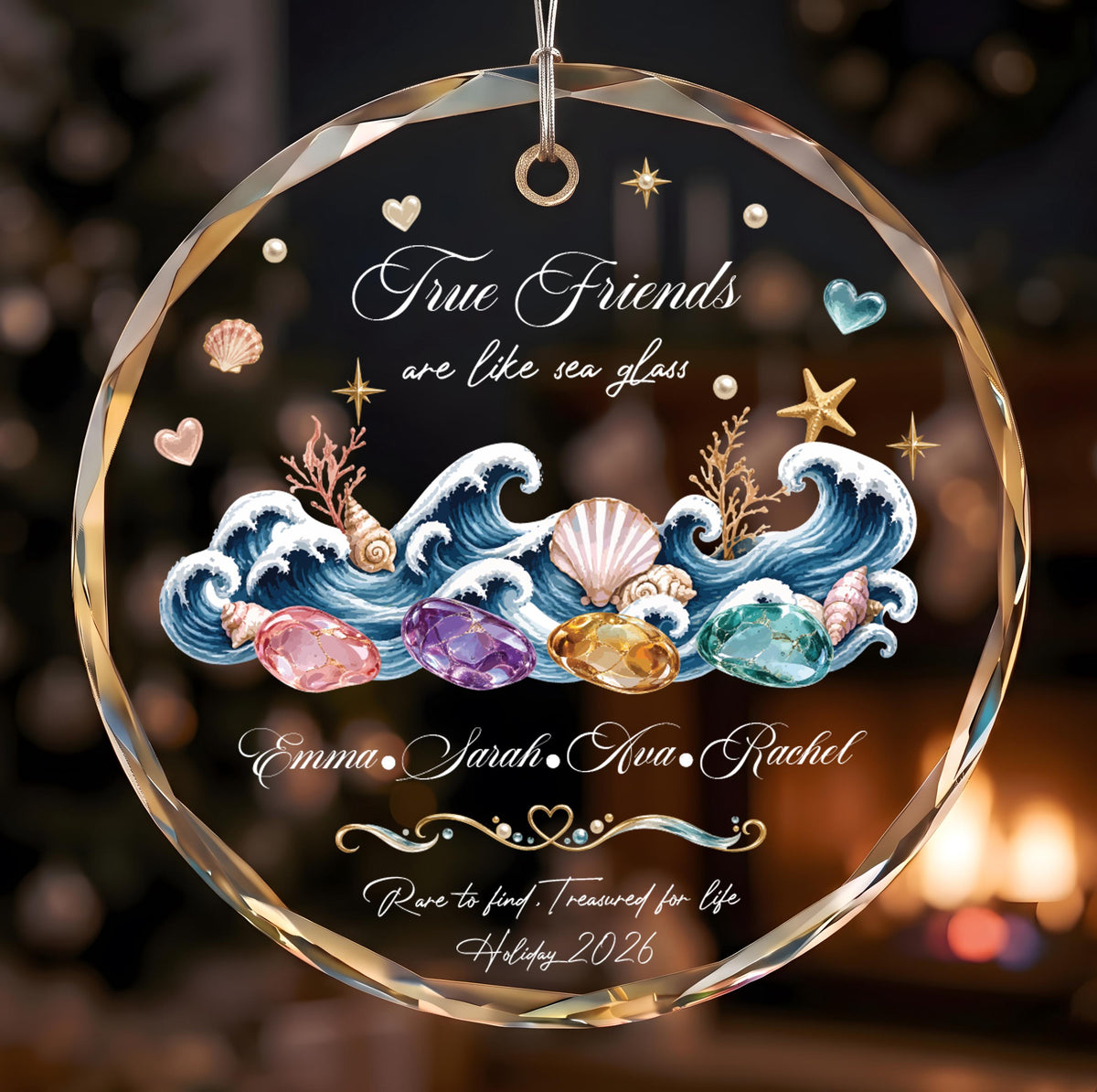 Personalized Crystal Glass Ornament, True Friends Sea Glass Design, Custom Names (Round or Heart)