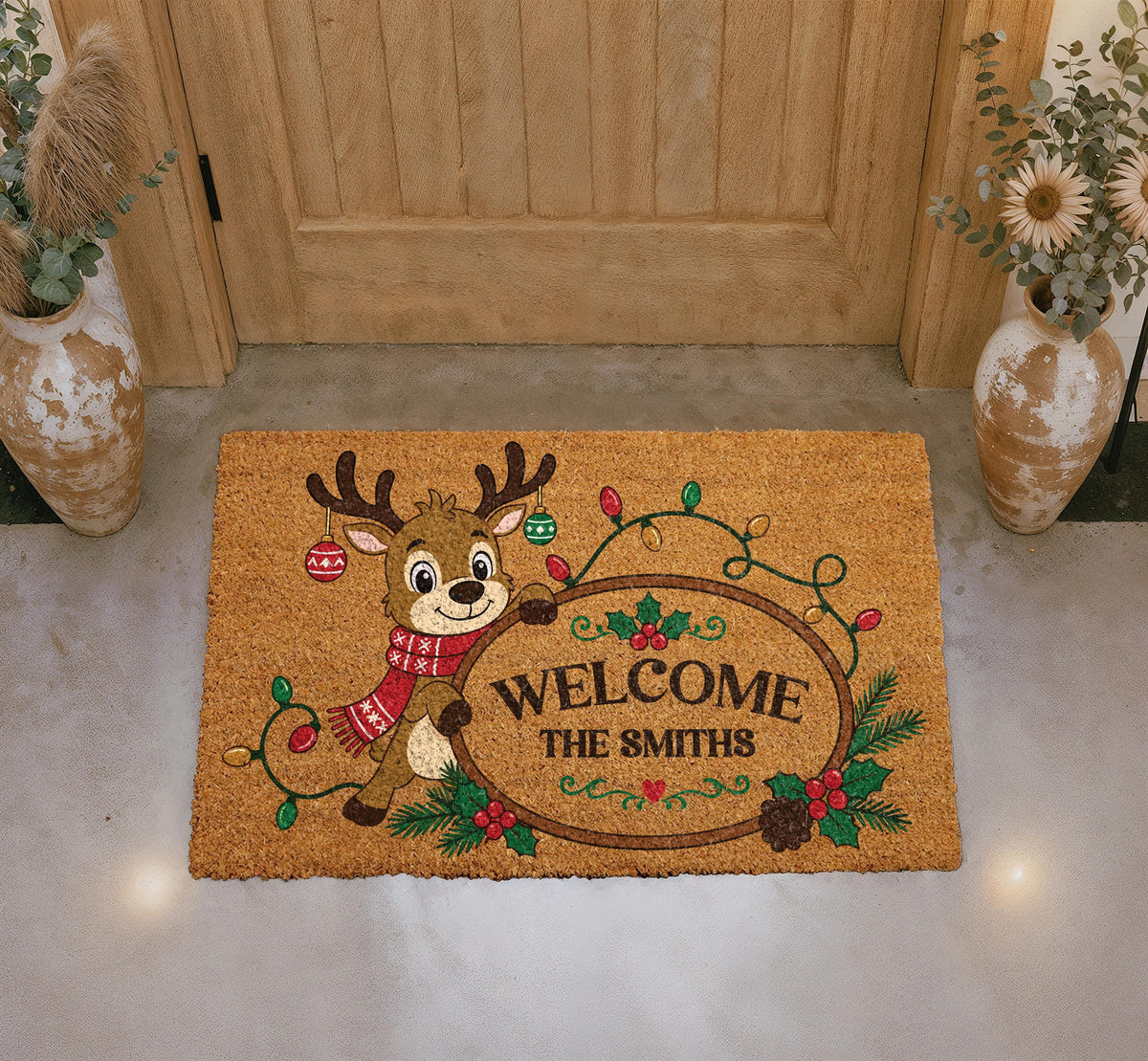 Personalized Reindeer Christmas Lights Doormat, Custom Family Name Welcome Mat (Coir)