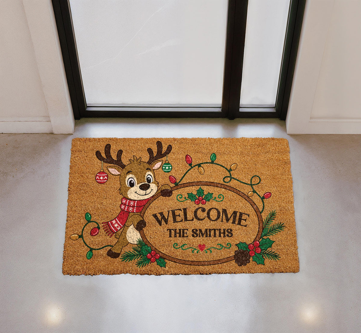 Personalized Reindeer Christmas Lights Doormat, Custom Family Name Welcome Mat (Coir)