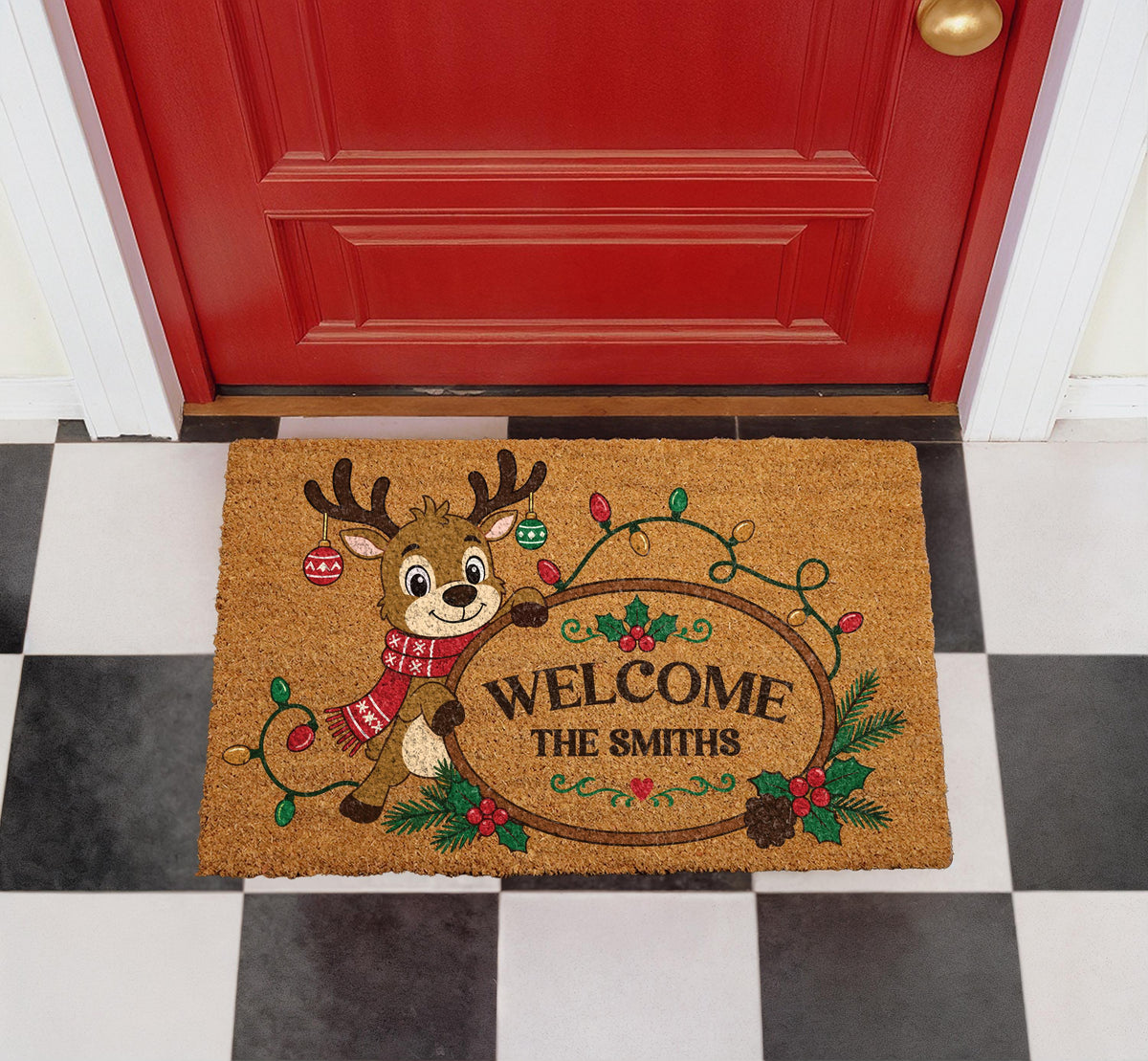 Personalized Reindeer Christmas Lights Doormat, Custom Family Name Welcome Mat (Coir)